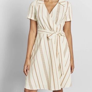 ModCloth Stripe Faux Wrap Mini Dress Linen Blend Short Sleeve Neutral Size 4